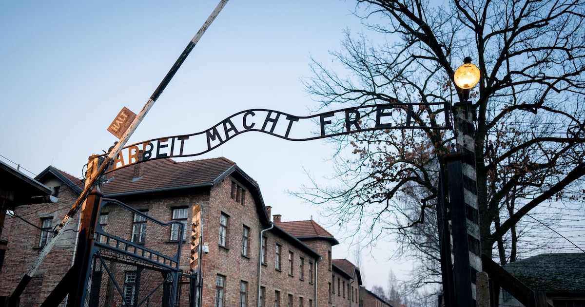 Replica of the concentration camp gate installed in front of the tax office in Bavaria