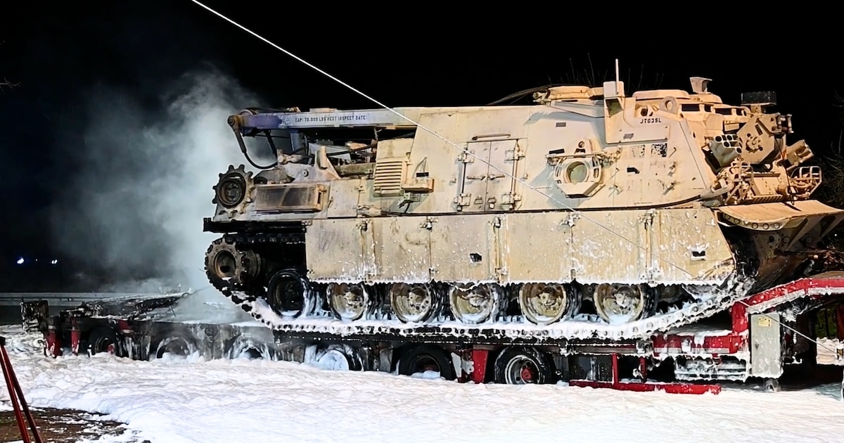 Fire on the A4: US military tank bursts into flames